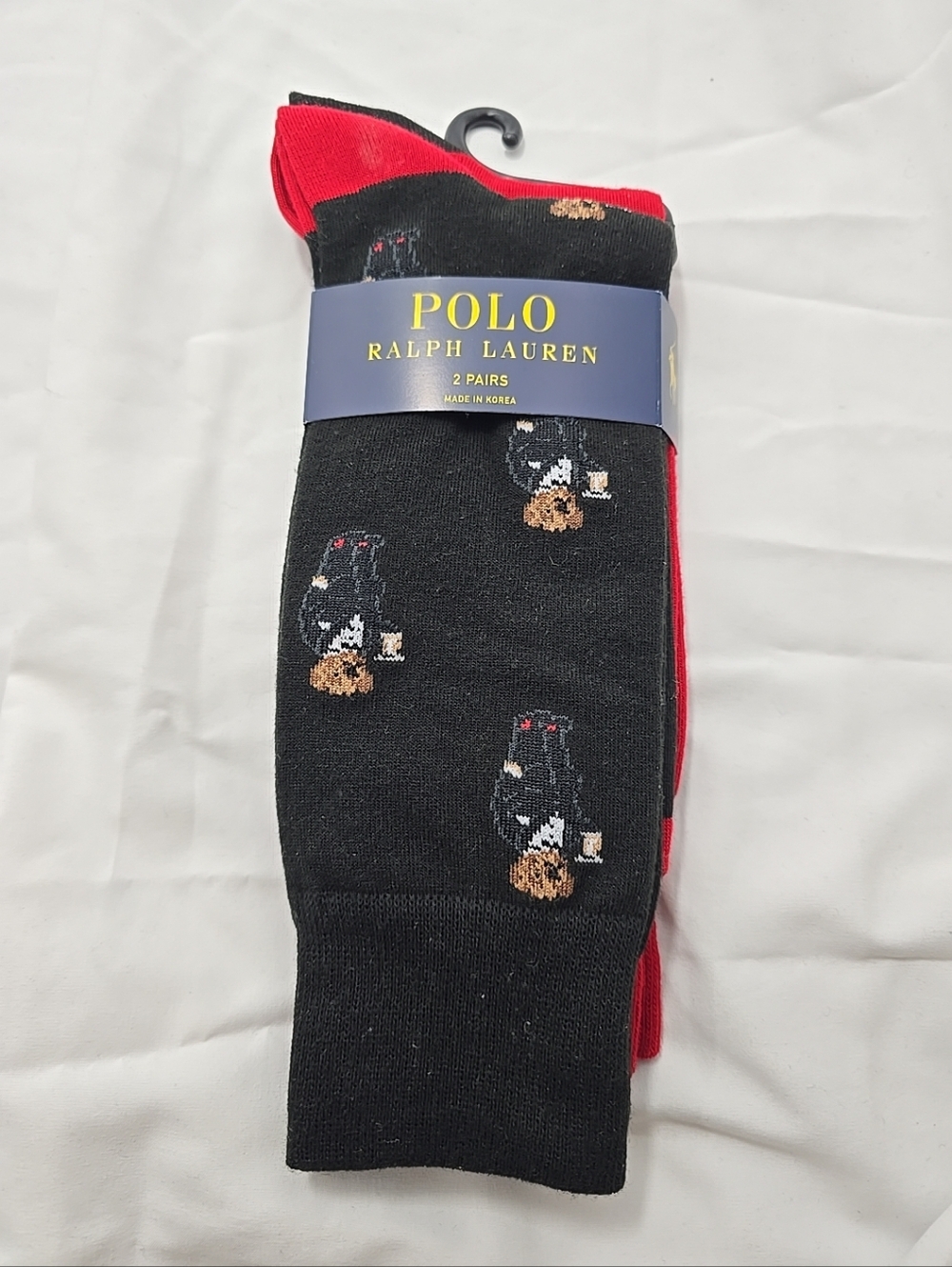 NWT Polo Ralph Lauren Men's 2 Pair Crew Length Socks Bear Logo Print Black Red